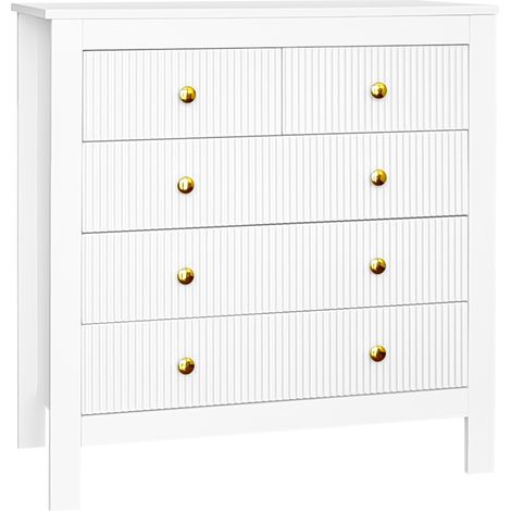 Comò bianco a 5 cassetti con maniglie dorate in truciolare (1/5)