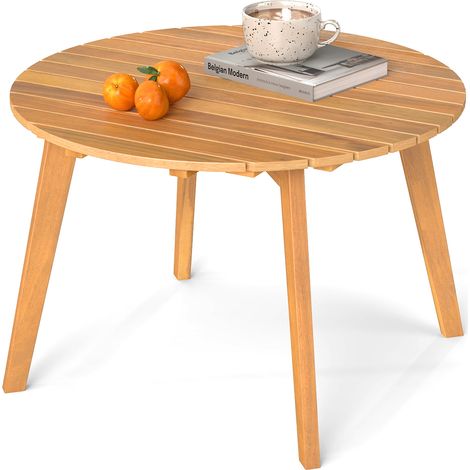 Table Basse Jardin en Bois d'Acacia, Table d'Appoint Ronde avec Plateau à Lattes&Structure Renforcée X, Montage Simple, Charge 75kg, 62x62x40cm (1/5)
