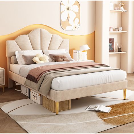 Cama doble tapizada beige con cabecero regulable OKMYHOME (1/5)