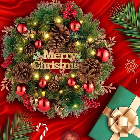 40 cm großer, batteriebetriebener Weihnachtskranz mit Timer und 8 Lichtmodi für Haustür, Kamin, Wand – die perfekte Weihnachtsdekoration für Zuhause. (1/5)
