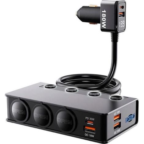 Chargeur Allume-Cigare 3-en-1 TR51 - Interrupteurs Individuels, Affichage Tension, Ports Multiples - Compact et Fiable pour Voi... (1/5)