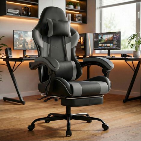 sedia gaming ergonomica reclinabile in PVC nero grigio OKMYHOME (1/3)