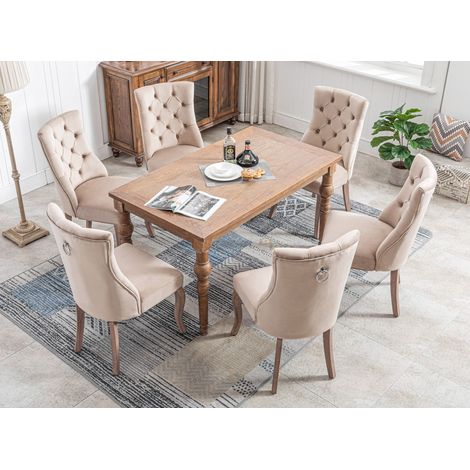 Silla de comedor de terciopelo beige, respaldo alto, capitoné con botones, lote de 6 DESVIAE (1/5)