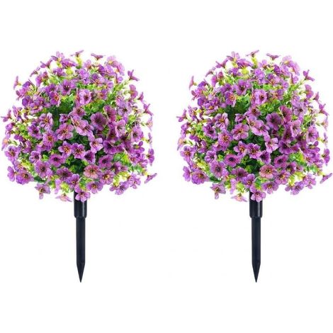 Lot 2 Boules Topiaires Artificielles 60cm avec Fleurs & Piquets, Décor Automne Extérieur UV Résistant, Violet (1/5)