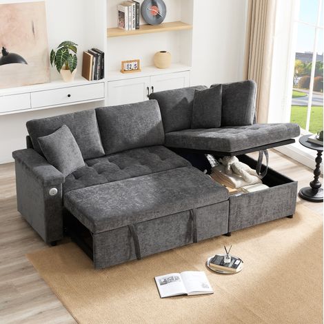 Canapé d'angle convertible avec coffre, USB et 2 coussins, gris foncé DESVIAE (1/5)