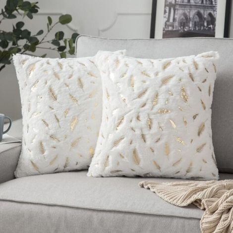 Sofa Cushion Covers 2pcs 45x45 Gold Square Pillowcase Hairy Fur Autumn White Decoration Home Feather Bronzing Bedroom Living Room Decorative Cushion (1/5)