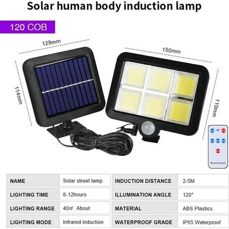 (1 pièce - 120COB avec télécommande) Lampe murale solaire à détecteur de mouvement, 3 modes, étanche, pour jardin et éclairage public. (1/5)