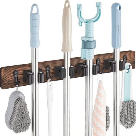 Porte Balais Mural, Accroche Balai Mural avec 4 Supports et 4 Crochets, Support Balais Mural Sans Percage, Rangement Buanderie, Range Outils de Jardin (1/5)