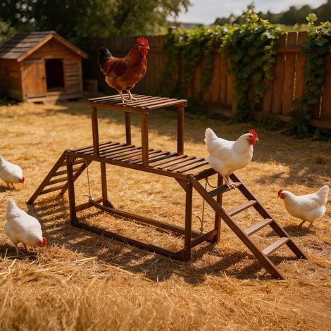 Perchoir Poule en Bois, Aire de Jeux pour Poules avec Balançoire et Escalade pour Poulailler Structure de jeu pour poulets 200 x 30 x 89 cm de patio (1/5)