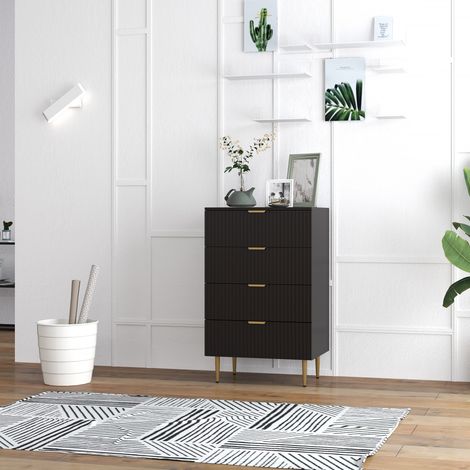 Commode noire moderne 4 tiroirs 60x40x96cm, meuble chambre poignées et pieds dorés (1/5)