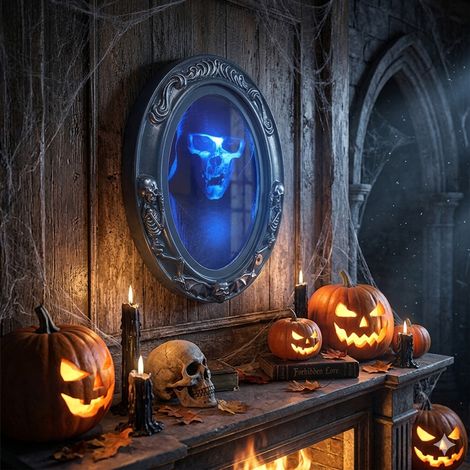 Magischer Halloween Spiegel Leuchtend und mit Sound Gruselige Klingel Totenkopf mit Hut (1/4)