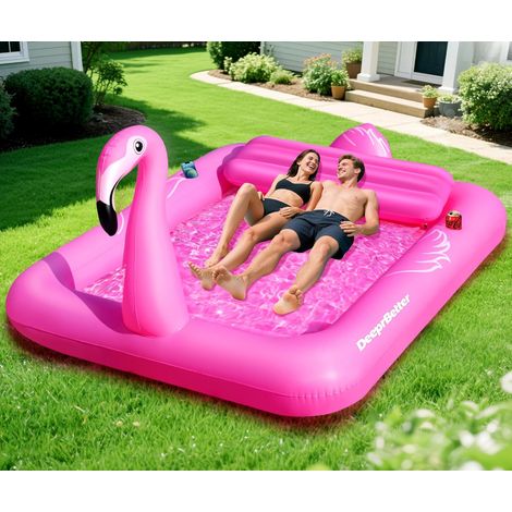 Matelas Gonflable Piscine Flamant Rose, Bouee Piscine Adulte avec Oreiller & Porte-Boissons, 205 150CM Matelas Gonflable Bronzage Piscines, Geant Flamant Rose Piscines de Bronzage (1/5)