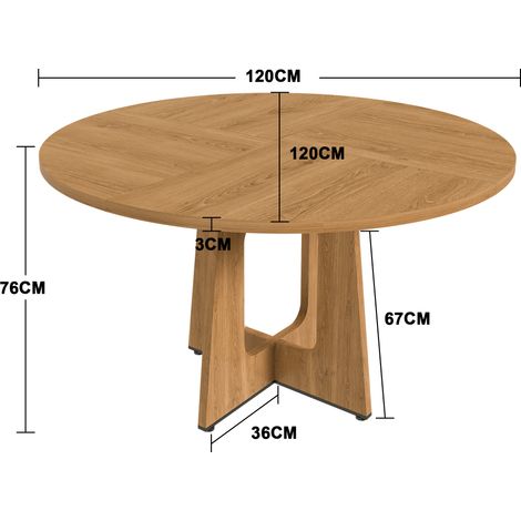 Table ronde extensible 120 cm diamètre, hauteur 76 cm, en panneau MDF aspect chêne, assied confortablement 4 convives – parfaite pour cuisine, séjour ou espace repas.