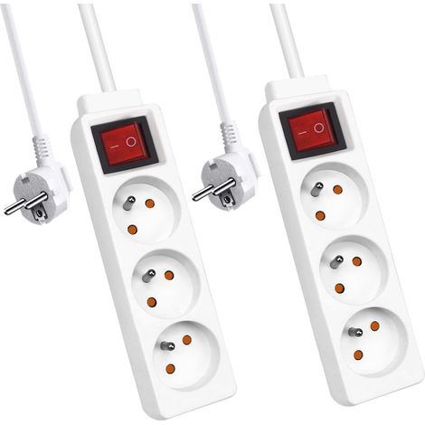 Multiprise avec Interrupteur, Bloc Multiprise 3 Prises 16A Blanc, Multiprise Electrique rallonge multiprises H05VV-F,3G1.0mm2, 1.5M - Lot de 2 (1/5)