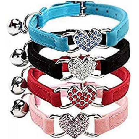 Collier ajustable Shxx en velours rose doux et sûr pour chat, avec breloque cœur en cristal et clochettes, 20-28 cm (noir + rouge + rose + bleu) A106-713 (1/5)