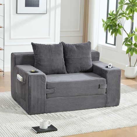 Canapé-lit 2 places en tissu effet cachemire avec pouf décoratif 2 coussins porte-gobelet poches latérales de rangement style moderne nordique gris (1/5)