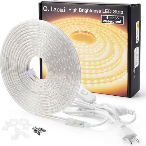 Ruban LED 5 Mètres avec Interrupteur 220V 230V Bande LED IP65 étanche Bandeau LED, Blanc Chaud (1/5)