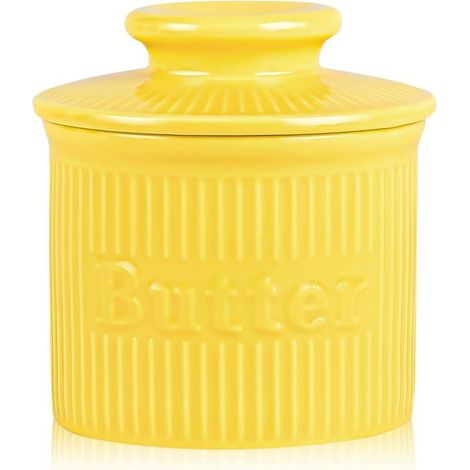 Beurrier en céramique, beurrier à eau à élégantes nervures, pot à beurre en porcelaine, beurrier français pour beurre mou (jaune) (1/5)