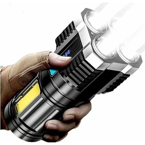 Lampe de poche 4/5 cœurs super lumineuse rechargeable d'extérieur multifonction P1000 super lumineuse LED rechargeable 100 000 lumens XHP70.2 lampe de poche tactique étanche IPX5 (4 noyaux) [Classe én (1/4)