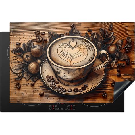 PROTECTION PLAQUE INDUCTION Café - Vintage - Marron - Tasse - Bois Cuisine Accessoire 80x52 cm (1/5)