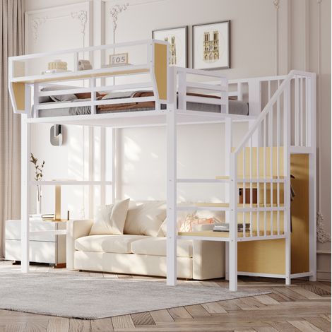 Lit mezzanine 90x200 avec échelle de sécurité et étagère modulable, blanc DESVIAE (1/5)