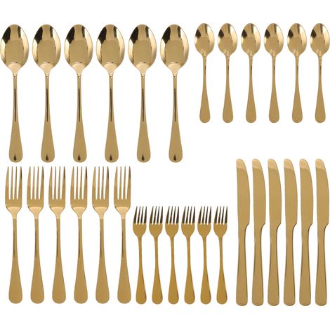 Ensemble de couverts 30 pièces en acier inoxydable doré finition miroir, comprenant cuillères, couteaux et fourchettes, idéal pour offrir en cadeau. (1/5)