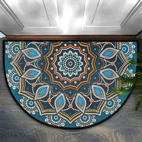 Paillasson rond demi-cercle mandala bleu, tapis demi-cercle intérieur, tapis d'entrée antidérapant demi-cercle pour salle de bain cuisine salon tapis - 6090cm (1/4)