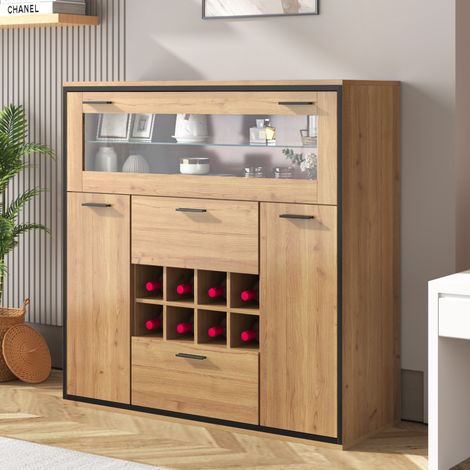 Credenza con portabottiglie 110 x 38 x 111 cm, LED 16 colori, naturale e nero DESVIAE (1/5)