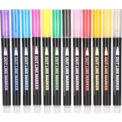 12Pcs Double Line Pen Colorful Hand Painting Outline Stationery Highlighter Marker12 Colors (1/5)