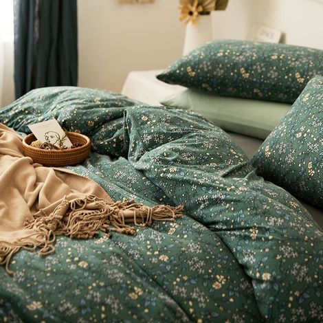 Parure de lit 100% Jersey de Coton tricoté à Motif Floral Vert pour Grand lit, Housse de Couette avec 2 taies d'oreiller de Style Vintage, Motif Floral botanique, Chic, Shabby Chic, Vert (1/5)