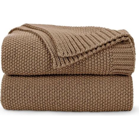 Plaid marron caramel, doux et confortable, en maille torsadée, pour lit, canapé et salon, 127 x 152 cm, marron clair (1/3)
