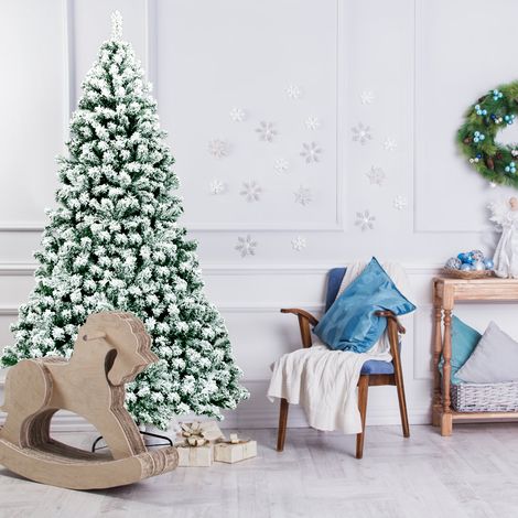 Sapin de Noël Artificiel 225 cm Sapin Enneigé avec 550 Lumières LED 1364 Rameaux et Support Métallique Pliable (1/2)