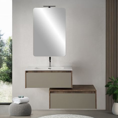 Mobile bagno sospeso 80 cm in legno tabacco e tortora con 2 cassetti, lavabo e specchio Smok (1/5)