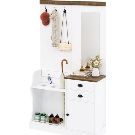 Meuble d'Entrée Vestiaire avec Miroir Range-Chaussures et Tiroirs Bois et Blanc 110,5x38x191 cm GL6412W (1/5)