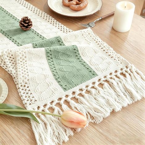 Tapis de table à franges style bohème, 72 pouces de long, tapis de table à franges vert champêtre idéal pour la table de la cuisine bohème (12x72 pouces) (1/5)