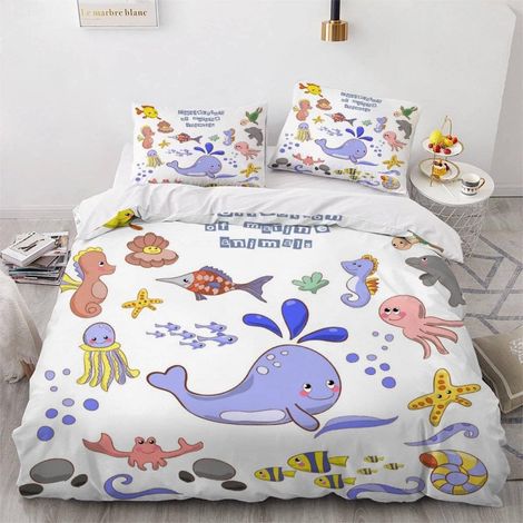 Housse de Couette 140x200 Enfant Poisson Tortue Parure de Lit 1 Personne Microfibre Housse de Couette Créatures Aquatiques 3D Imprimé Literie Set 3 Pièces avec Fermeture Éclair - 140x200+2x50x75 (1/5)