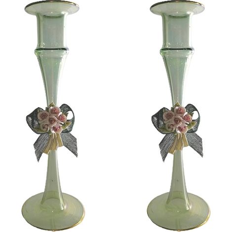 Porta candela candeliere bugia in vetro soffiato verde set da 2 con fiore rose made in Italia particolare vintage moderno (1/5)