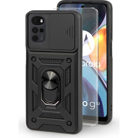 Funda para Motorola Moto G22/E32/E32s, con anillo deslizante reforzado, color negro + cristal 9H. (1/3)