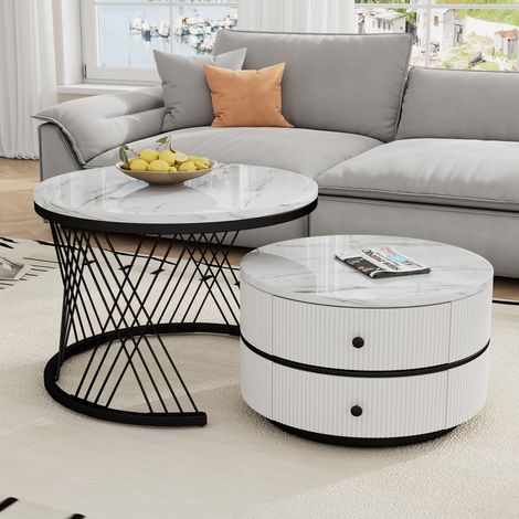 Table basse gigogne blanc laqué brillant 60&50 cm 2 tiroirs forme ronde imbriquée charge 30 kg (1/5)