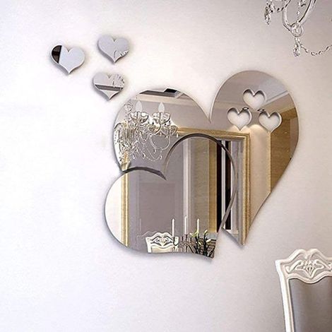 Miroir Stickers Muraux 3D Cristal Double Coeur Acrylique DIY Art Stickers Muraux Maison Salon Salle De Bain TV Fond Décoration (Arg (1/5)