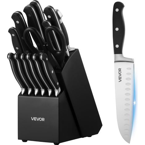 Ensemble Couteaux Cuisine avec Bloc, 15 PCS Tranchants en Acier Inoxydable, Bloc à Ustensiles de Cuisine en Bois, Set Couteaux avec Ciseaux et Fusil pour Tous Types d'Ingrédients (1/5)