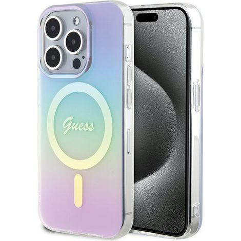 Funda rígida Guess GUHMP15LHITSU para iPhone 15 Pro de 6,1 pulgadas, color morado/morado, con aislamiento magnético IML iridiscente y MagSafe. (1/5)