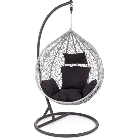 Fauteuil œuf suspendu noir et gris en rotin synthétique et métal EGG (1/5)