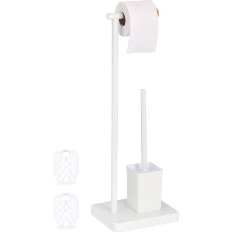 Serviteur WC, HxLxP: 66,5x23x18 cm, Support Papier Toilettes, Brosse et Porte-Brosse, Acier Inoxydable, Blanc (1/5)