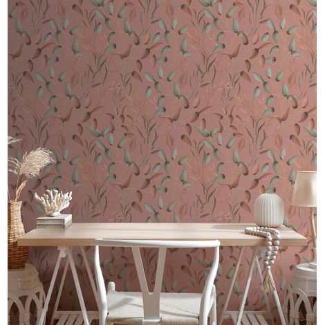 Papier peint fleuri, orange et vert, fond rose, ambiance champêtre, salon, cuisine, 397453 (1/4)