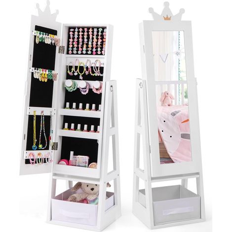 COSTWAY Armadio Portagioie 3 in 1 per Bambini 31,5 x 30 x 115cm, Specchio a Forma di Corona con Ganci, Ripiano e Cassetto in Tessuto, Toeletta per Cameretta (Bianco) (1/5)