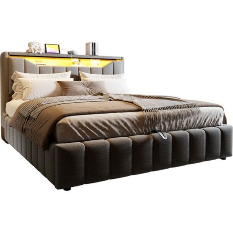Doppelbett mit Stauraum 180 x 200 cm aus Stoff mit USB, USB-C und LED-Kopfteil, Ohne Matratze, Grau (1/5)