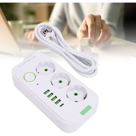 Multiprise européenne 3 prises 4 ports USB A et C – Câble de 2m – Interrupteur de surcharge 10 A – Pour bureau et espaces confinés - 2m--