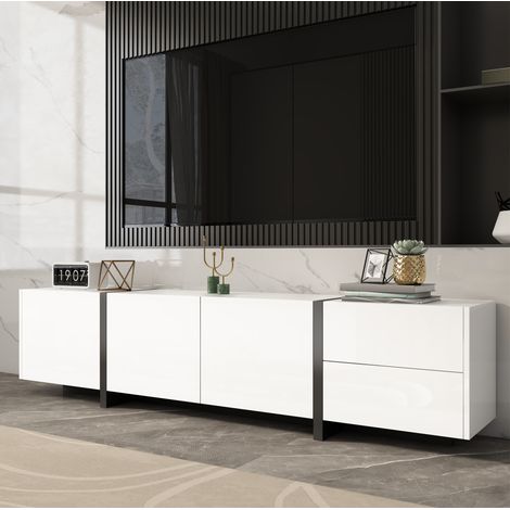 Mueble para TV de tablero de partículas blanco y negro 170 x 30 x 39 cm, 3 puertas, 1 cajón y 1 puerta abatible (1/5)