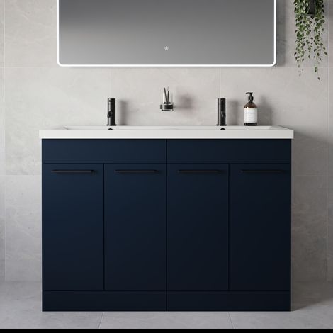 Napoli 390 Deep Blue 1200mm 4 Door Vanity Unit with Double Glide Basins - 1200mm - Matt Black 160mm Handle